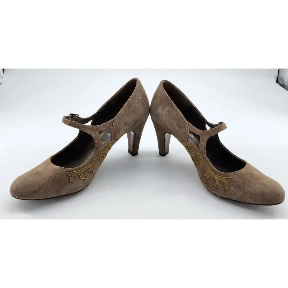 Lulu Guinness Women's Leather Slip On Mary Jane Pump Heels Tan Suede EUR 38 US 7